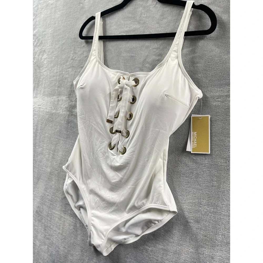Michael Kors One Piece Swimsuit Women White NWT Lace Up Grommet Sz 16 $